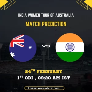 Australia Women vs India Women 1st ODI series opener prediction graphic featuring national flags, match details for February 24th 2026 at 9:20 AM IST at Brisbane Cricket Ground Woolloongabba, with Dream11 team analysis and today's match prediction