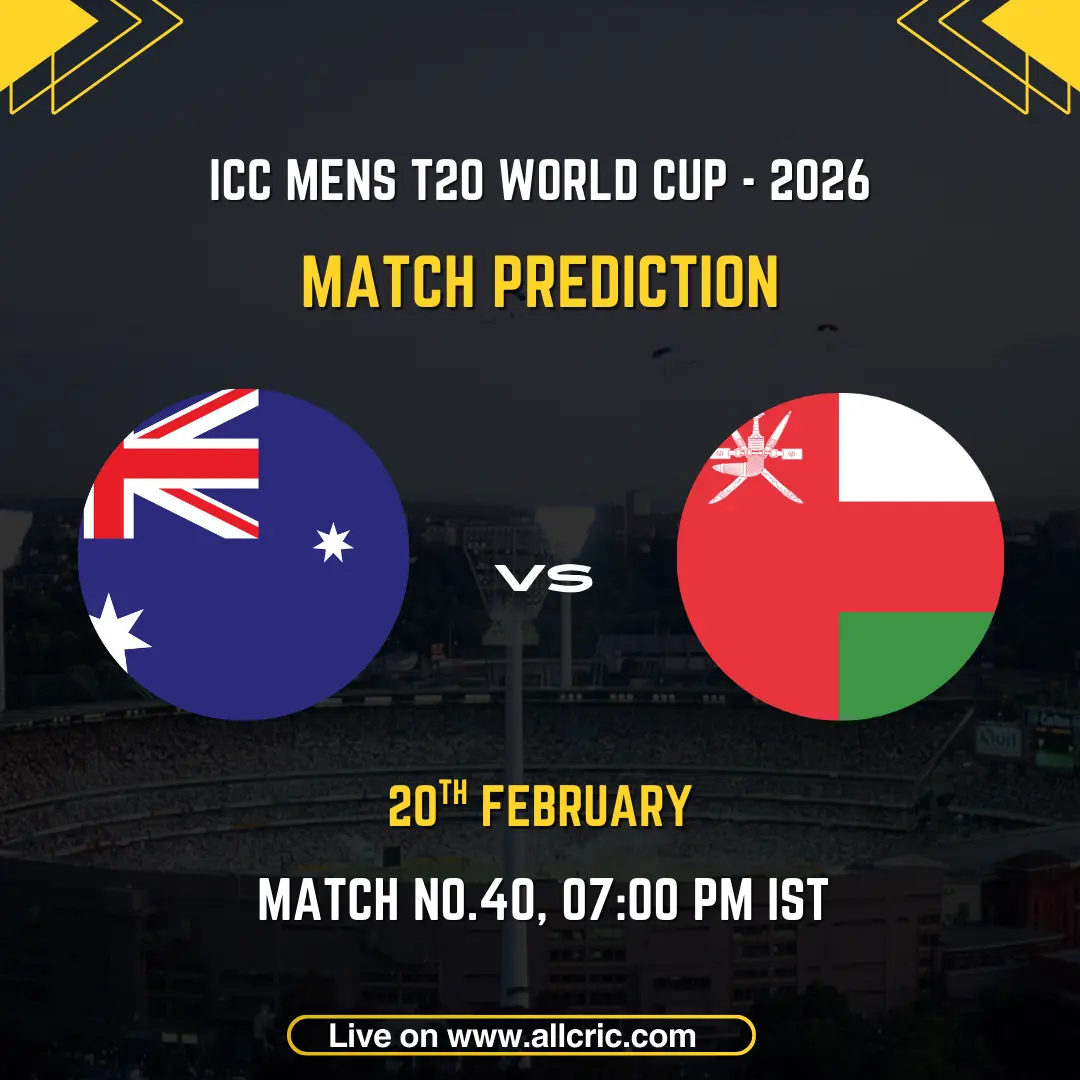 Australia vs Oman ICC Men's T20 World Cup 2026 Group B Match 40 prediction graphic featuring national flags, match details for February 20th 2026 at 7:00 PM IST at Pallekele International Cricket Stadium, with Dream11 team analysis and today's match prediction