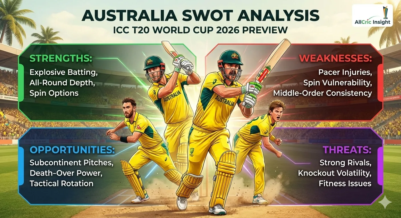 Australia cricket team ICC T20 World Cup 2026 SWOT analysis preview graphic showing players in yellow jerseys batting and bowling, with comprehensive breakdown of strengths, weaknesses, opportunities, and threats, match predictions, and fantasy cricket insights