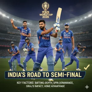 India cricket team T20 World Cup 2026 semi-final qualification analysis graphic showing players in blue jerseys celebrating at stadium with ICC trophy logo, featuring comprehensive breakdown of batting depth, bowling strength, home advantage, and pathway to semi-finals with key factors highlighted