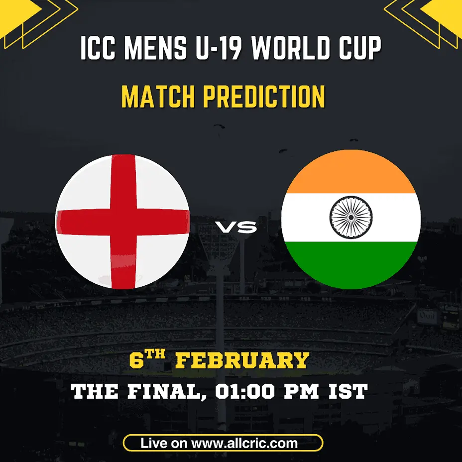 ENG U19 vs IND U19 Dream11 prediction for ICC Under-19 World Cup 2026 final at Harare Sports Club, showing England U19 vs India U19 flags with match date and final details.