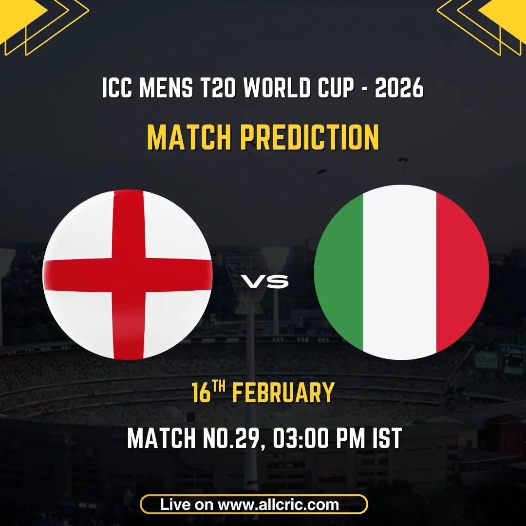 England vs Italy ICC Men's T20 World Cup 2026 Group C Match 29 prediction graphic featuring national flags, match details for February 16th 2026 at 3:00 PM IST at Eden Gardens Kolkata, with Dream11 team analysis and today's match prediction