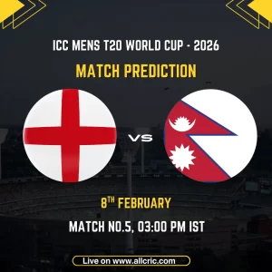 England vs Nepal ICC Men's T20 World Cup 2026 Group C Match 5 prediction graphic featuring national flags, match details for February 8th 2026 at 3:00 PM IST at Wankhede Stadium Mumbai, with Dream11 team analysis and today's match prediction