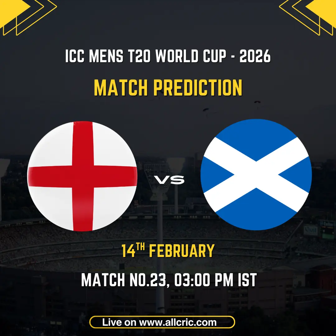 England vs Scotland ICC Men's T20 World Cup 2026 Group C Match 23 prediction graphic featuring national flags, match details for February 14th 2026 at 3:00 PM IST at Eden Gardens Kolkata, with Dream11 team analysis and today's match prediction