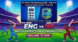 England vs West Indies ICC Men's T20 World Cup 2026 Match 15 prediction graphic featuring team logos and cricket players in action, match details for February 11th 2026 at 7:00 PM IST at Wankhede Stadium Mumbai, with Dream11 team analysis and today's match prediction