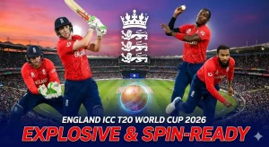 England cricket team ICC T20 World Cup 2026 preview graphic showing players in red jerseys batting and bowling at stadium with England crest, featuring comprehensive SWOT analysis, match predictions, and fantasy cricket insights highlighting explosive batting and spin-ready attack