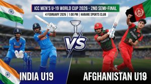 India U19 vs Afghanistan U19 ICC Men's U-19 World Cup 2026 2nd Semi-Final prediction graphic featuring national flags and players in action, match details for February 4th 2026 at 1:00 PM at Harare Sports Club, with Dream11 team analysis and today's match prediction