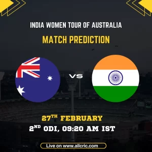 Australia Women vs India Women 2nd ODI series-deciding match prediction graphic featuring national flags, match details for February 27th 2026 at 9:20 AM IST at Bellerive Oval Hobart, with comprehensive Dream11 team analysis and today's match prediction for crucial series encounter