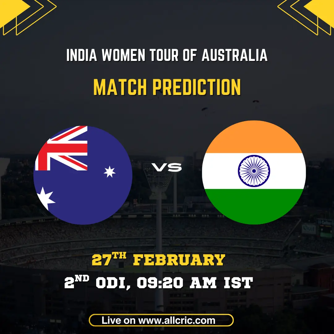 Australia Women vs India Women 2nd ODI series-deciding match prediction graphic featuring national flags, match details for February 27th 2026 at 9:20 AM IST at Bellerive Oval Hobart, with comprehensive Dream11 team analysis and today's match prediction for crucial series encounter