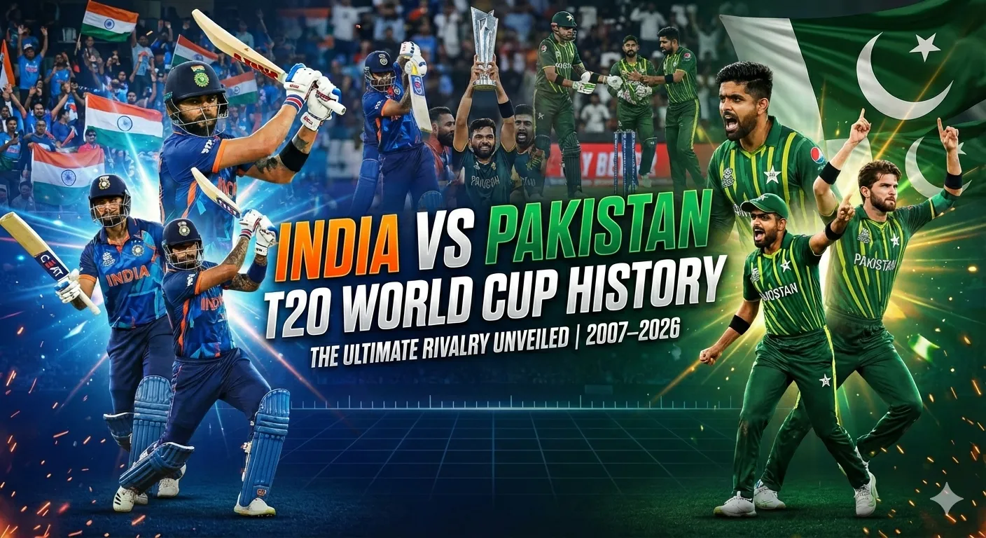 India vs Pakistan T20 World Cup history graphic showing cricket rivalry theme with illustrated players, pitch, and key records ahead of the 15 February 2026 clash in Colombo.