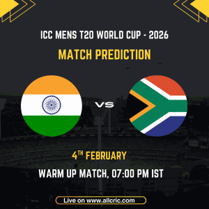 India vs South Africa ICC Men's T20 World Cup 2026 warm-up match prediction graphic featuring national flags, match details for February 4th 2026 at 7:00 PM IST at Dr DY Patil Sports Academy Navi Mumbai, with Dream11 team analysis and today's match prediction