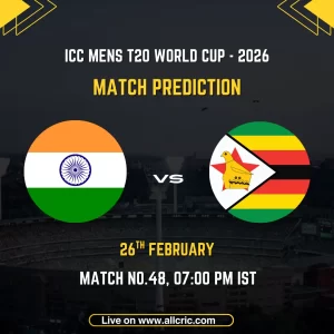 India vs Zimbabwe ICC Men's T20 World Cup 2026 Super 8 Group 1 Match 48 prediction graphic featuring national flags, match details for February 26th 2026 at 7:00 PM IST at MA Chidambaram Stadium Chennai, with Dream11 team analysis and today's match prediction