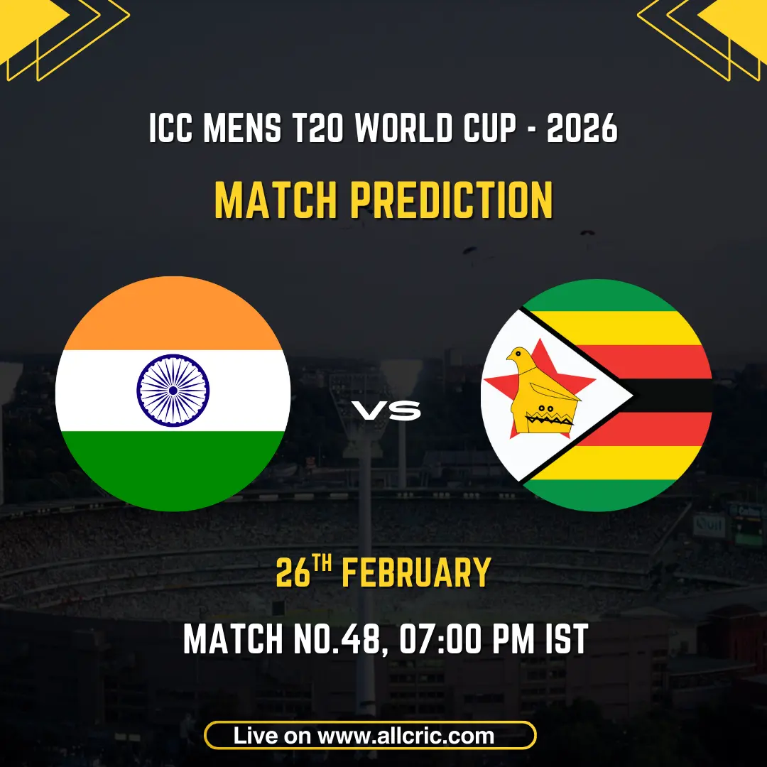 India vs Zimbabwe ICC Men's T20 World Cup 2026 Super 8 Group 1 Match 48 prediction graphic featuring national flags, match details for February 26th 2026 at 7:00 PM IST at MA Chidambaram Stadium Chennai, with Dream11 team analysis and today's match prediction