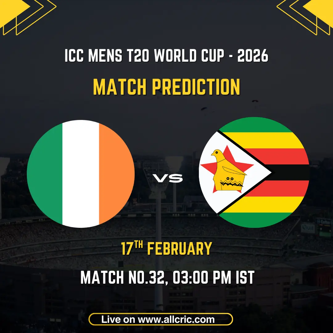 Ireland vs Zimbabwe ICC Men's T20 World Cup 2026 Group B Match 32 prediction graphic featuring national flags, match details for February 17th 2026 at 3:00 PM IST at Pallekele International Cricket Stadium, with Dream11 team analysis and today's match prediction