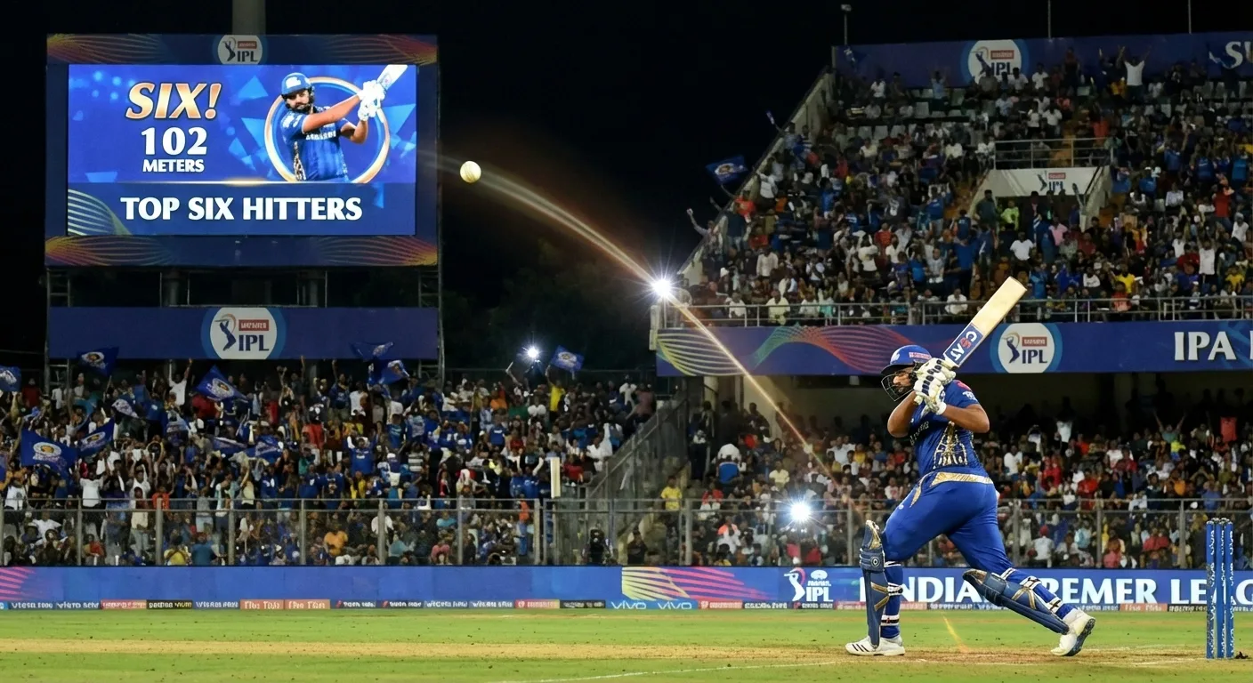 IPL cricket match action shot showing Mumbai Indians batsman hitting a powerful six at packed stadium with giant screen displaying "SIX! 102 METERS TOP SIX HITTERS" and enthusiastic crowd celebrating, illustrating the most sixes in IPL history article featuring top 30 power hitters from 2008-2025