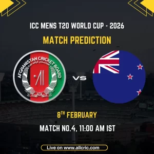Afghanistan vs New Zealand ICC Men's T20 World Cup 2026 Group D Match 4 prediction graphic featuring team logos, match details for February 8th 2026 at 11:00 AM IST at M.A. Chidambaram Stadium Chennai, with Dream11 team analysis and today's match prediction