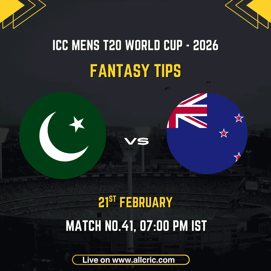 Pakistan vs New Zealand ICC Men's T20 World Cup 2026 Super 8 Group 2 Match 41 fantasy tips graphic featuring national flags, match details for February 21st 2026 at 7:00 PM IST at R. Premadasa Stadium Colombo, with Dream11 team suggestions and fantasy cricket tips