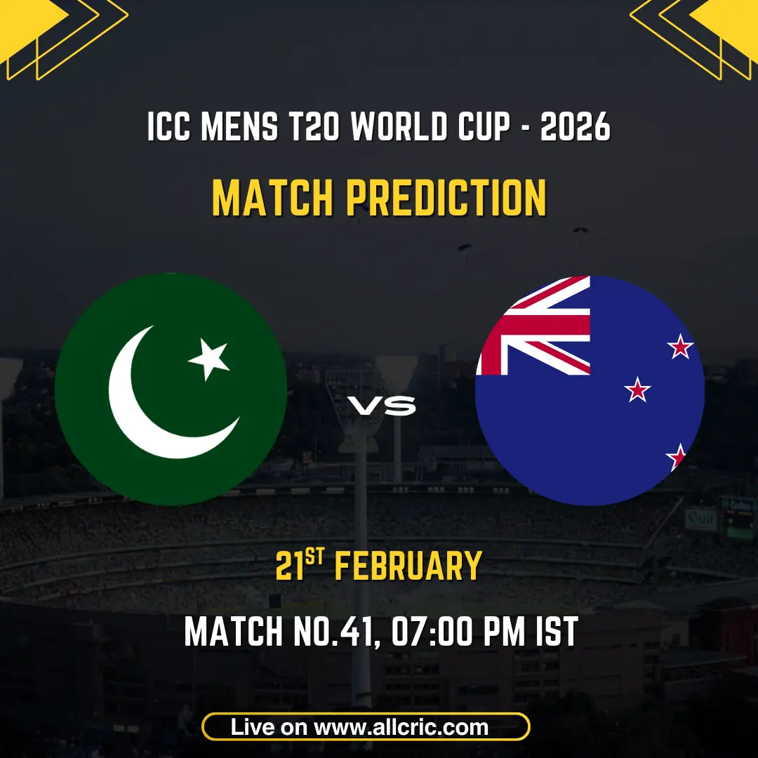 NZ vs PAK today match prediction graphic for ICC Men’s T20 World Cup 2026 Super 8 clash on 21 February, featuring Pakistan and New Zealand flags with match details.