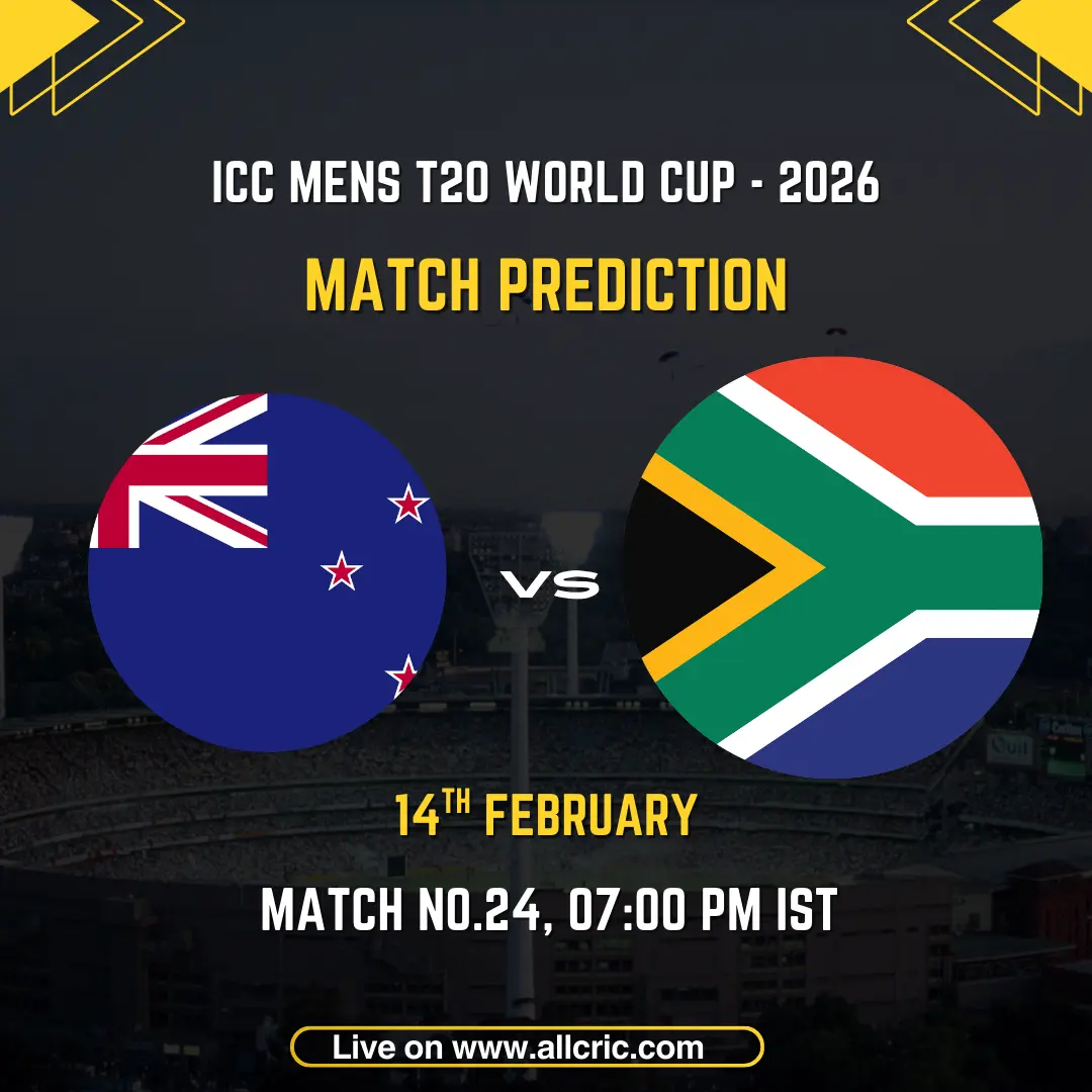New Zealand vs South Africa ICC Men's T20 World Cup 2026 Group D Match 24 prediction graphic featuring national flags, match details for February 14th 2026 at 7:00 PM IST at Narendra Modi Stadium Ahmedabad, with Dream11 team analysis and today's match prediction