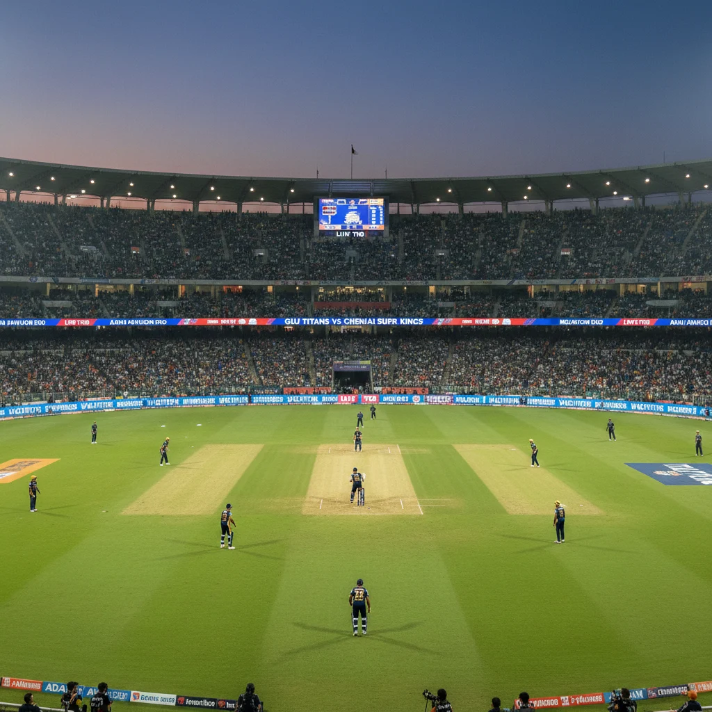 Narendra Modi Stadium Ahmedabad evening match view showing world's largest cricket stadium with packed crowd, illuminated floodlights, cricket pitch in center with players positioned for IPL match between Gujarat Titans and Chennai Super Kings, featuring detailed pitch report analysis for batting and bowling conditions