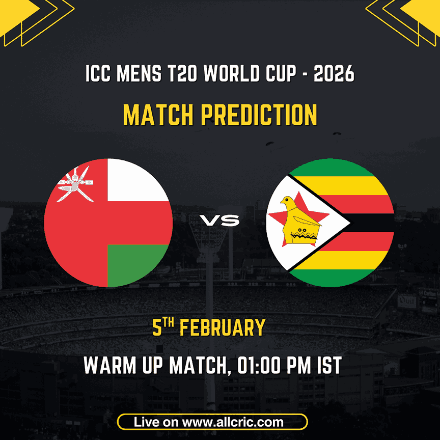 Oman vs Zimbabwe ICC Men's T20 World Cup 2026 warm-up match prediction graphic featuring national flags, match details for February 5th 2026 at 1:00 PM IST at Colombo Cricket Club Ground, with Dream11 team analysis and today's match prediction