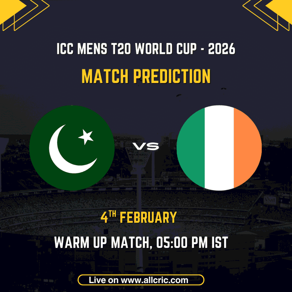Pakistan vs Ireland ICC Men's T20 World Cup 2026 warm-up match prediction graphic featuring national flags, match details for February 4th 2026 at 5:00 PM IST at Sinhalese Sports Club Colombo, with Dream11 team analysis and today's match prediction