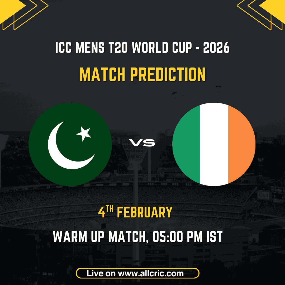 Pakistan vs Ireland ICC Men's T20 World Cup 2026 warm-up match prediction graphic featuring national flags, match details for February 4th 2026 at 5:00 PM IST at Sinhalese Sports Club Colombo, with Dream11 team analysis and today's match prediction