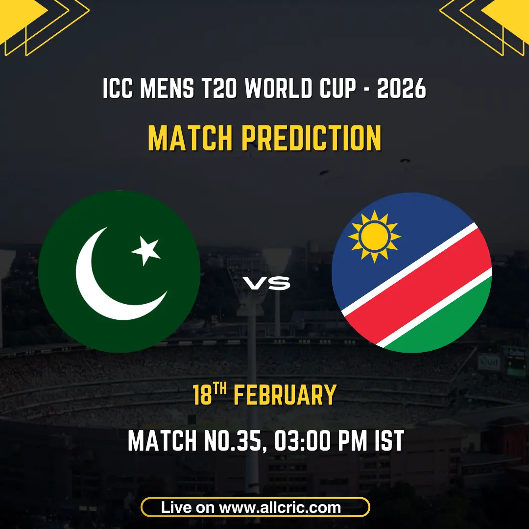 Pakistan vs Namibia ICC Men's T20 World Cup 2026 Group A Match 35 prediction graphic featuring national flags, match details for February 18th 2026 at 3:00 PM IST at Sinhalese Sports Club Ground Colombo, with Dream11 team analysis and today's match prediction