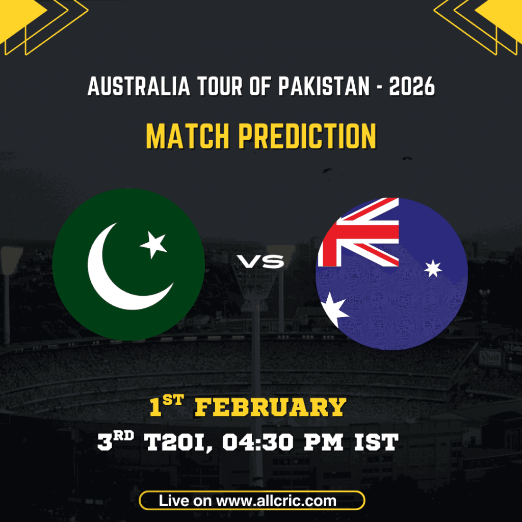 Pakistan vs Australia 3rd T20I match prediction graphic featuring national flags, match details for February 1st 2026 at 4:30 PM IST at Gaddafi Stadium Lahore, with Dream11 team analysis and today's match prediction