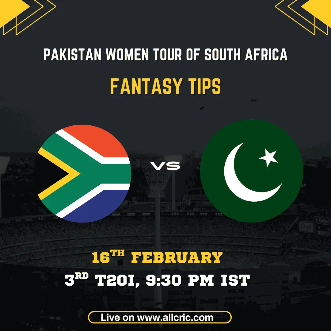 South Africa Women vs Pakistan Women 3rd T20I fantasy tips graphic featuring national flags, match details for February 16th 2026 at 9:30 PM IST at Diamond Oval Kimberley, with Dream11 team suggestions and fantasy cricket tips for Pakistan Women tour of South Africa