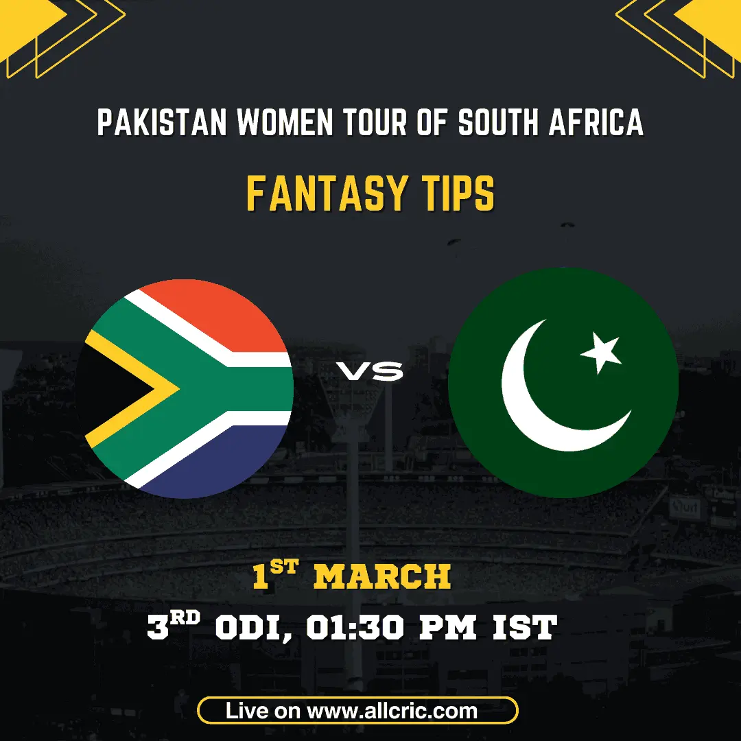 South Africa Women vs Pakistan Women 3rd ODI fantasy tips graphic featuring national flags, match details for March 1st 2026 at 1:30 PM IST at Hollywoodbets Kingsmead Stadium Durban, with Dream11 team suggestions and fantasy cricket tips for Pakistan Women tour of South Africa