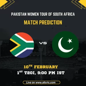 South Africa Women vs Pakistan Women 1st T20I match prediction graphic featuring national flags, match details for February 10th 2026 at 9:00 PM IST at Senwes Park Potchefstroom, with Dream11 team analysis and today's match prediction for Pakistan Women tour of South Africa