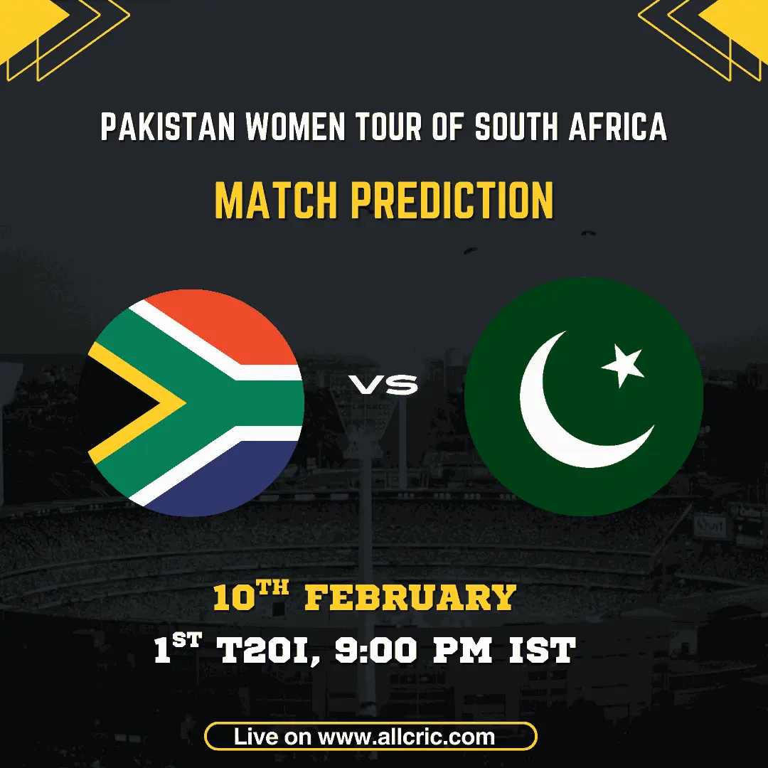 South Africa Women vs Pakistan Women 1st T20I match prediction graphic featuring national flags, match details for February 10th 2026 at 9:00 PM IST at Senwes Park Potchefstroom, with Dream11 team analysis and today's match prediction for Pakistan Women tour of South Africa