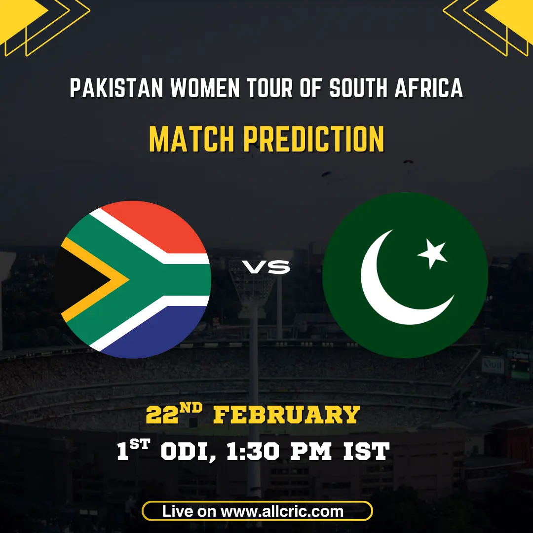 South Africa Women vs Pakistan Women 1st ODI match prediction graphic featuring national flags, match details for February 22nd 2026 at 1:30 PM IST at Mangaung Oval Bloemfontein, with Dream11 team analysis and today's match prediction