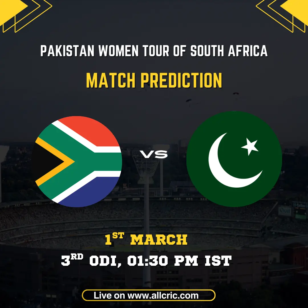 Match prediction graphic for South Africa Women vs Pakistan Women 3rd ODI of the Pakistan Women Tour of South Africa 2026, scheduled for 1st March at 1:30 PM IST, featuring the flags of both nations on a stadium background.