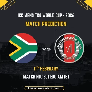 South Africa vs Afghanistan ICC Men's T20 World Cup 2026 Match 13 Group D prediction graphic featuring South Africa national flag and Afghanistan Cricket Board logo, match details for February 11th 2026 at 11:00 AM IST at Narendra Modi Stadium Ahmedabad, with Dream11 team analysis and today's match prediction