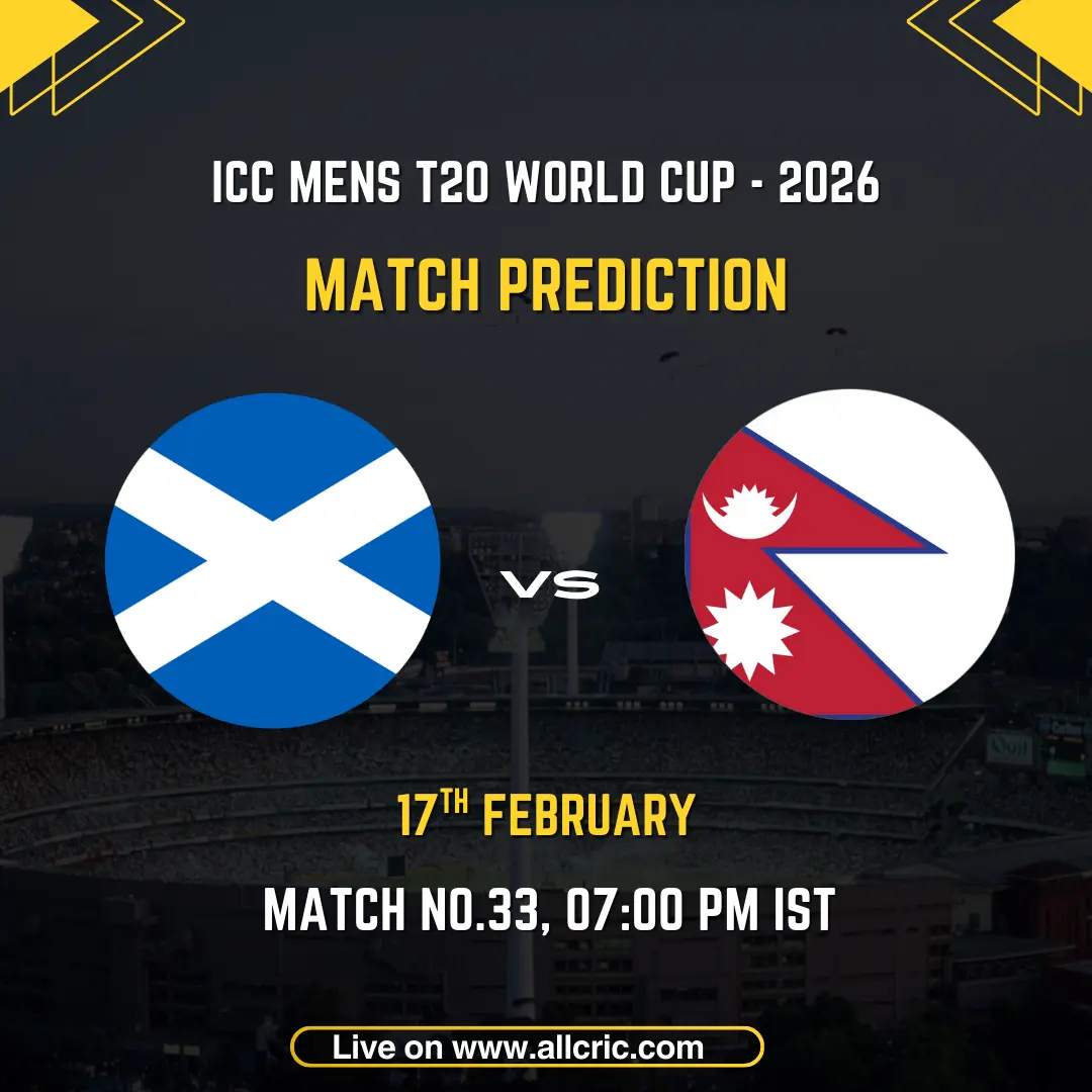 Scotland vs Nepal ICC Men's T20 World Cup 2026 Group C Match 33 prediction graphic featuring national flags, match details for February 17th 2026 at 7:00 PM IST at Wankhede Stadium Mumbai, with Dream11 team analysis and today's match prediction