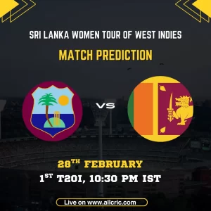 SL W vs WI W today match prediction graphic for 1st T20I 2026 at National Cricket Stadium Grenada featuring Sri Lanka Women vs West Indies Women logos.