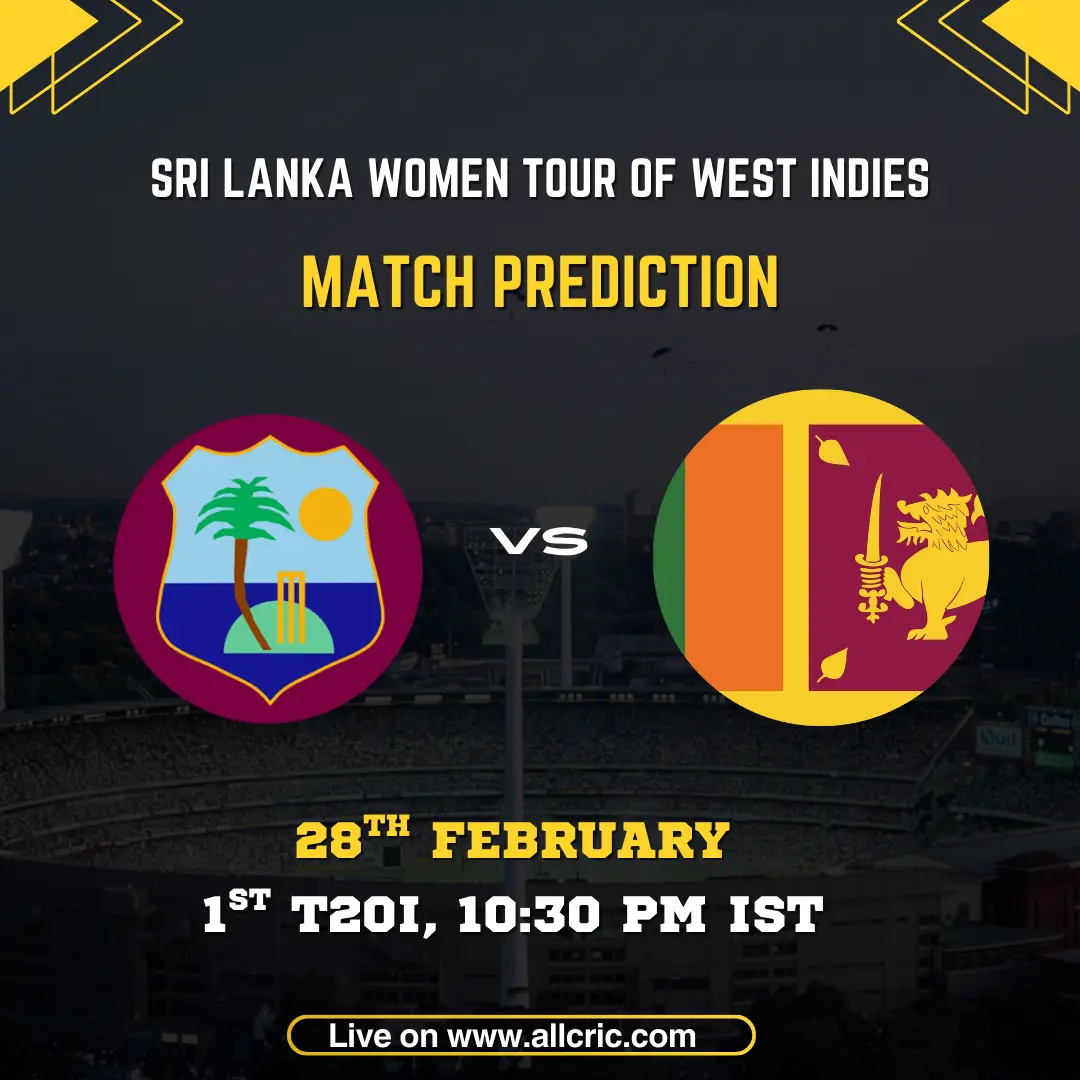 SL W vs WI W today match prediction graphic for 1st T20I 2026 at National Cricket Stadium Grenada featuring Sri Lanka Women vs West Indies Women logos.