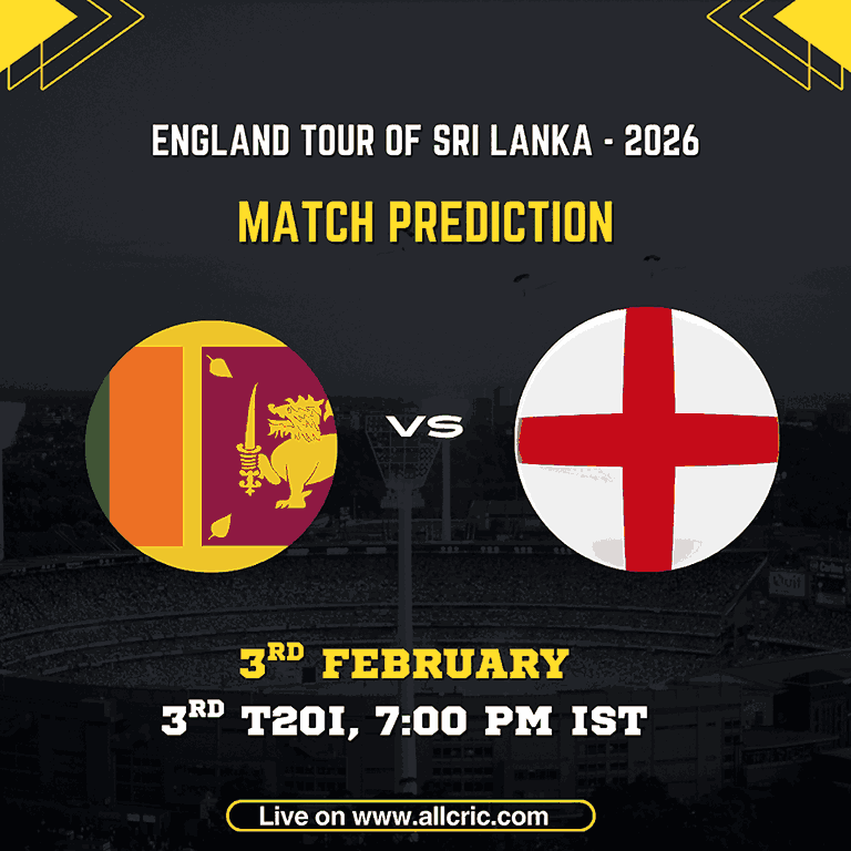 Sri Lanka vs England 3rd T20I match prediction graphic featuring national flags, match details for February 3rd 2026 at 7:00 PM IST at Pallekele International Cricket Stadium, with Dream11 team analysis and today's match prediction