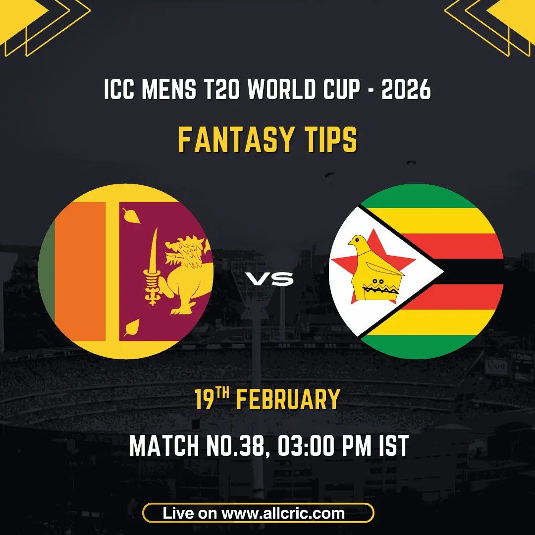 Sri Lanka vs Zimbabwe ICC Men's T20 World Cup 2026 Match 38 fantasy tips graphic featuring national flags, match details for February 19th 2026 at 3:00 PM IST at R Premadasa Stadium Colombo, with Dream11 team suggestions and fantasy cricket tips