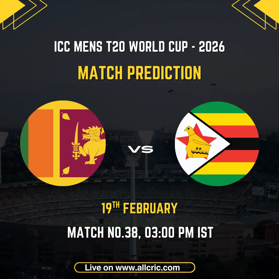 SL vs ZIM Today Match Prediction – Sri Lanka vs Zimbabwe ICC Men's T20 World Cup 2026 Match No. 38 prediction graphic featuring Sri Lanka and Zimbabwe national flags on a stadium background, scheduled on 19th February at 3:00 PM IST, live on allcric.com.