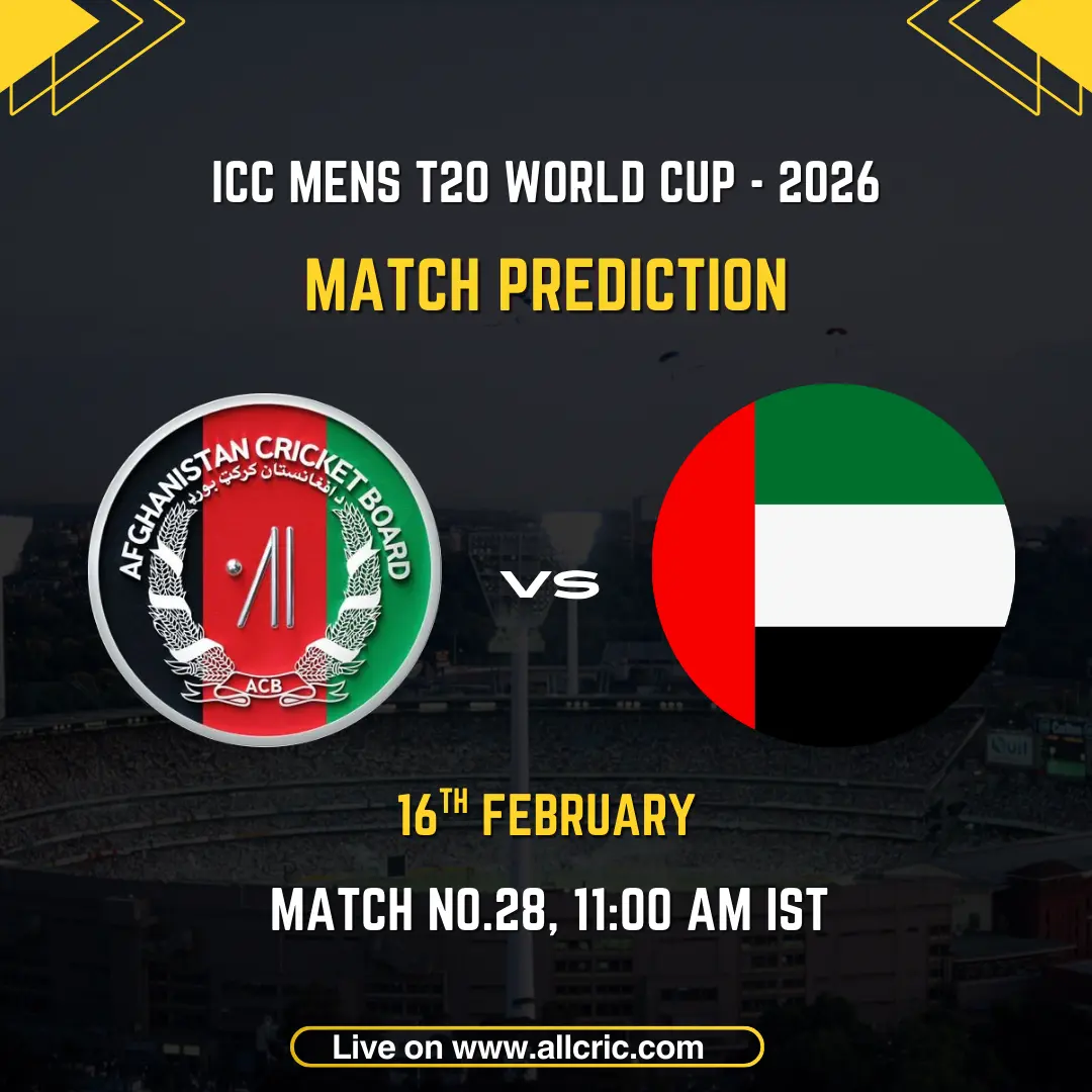 Afghanistan vs United Arab Emirates ICC Men's T20 World Cup 2026 Group D Match 28 prediction graphic featuring team logos, match details for February 16th 2026 at 11:00 AM IST at Arun Jaitley Stadium Delhi, with Dream11 team analysis and today's match prediction