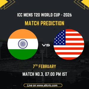 ndia vs United States of America ICC Men's T20 World Cup 2026 match prediction graphic featuring national flags, match details for February 7th 2026 at 7:00 PM IST at Wankhede Stadium Mumbai, with Dream11 team analysis and today's match prediction