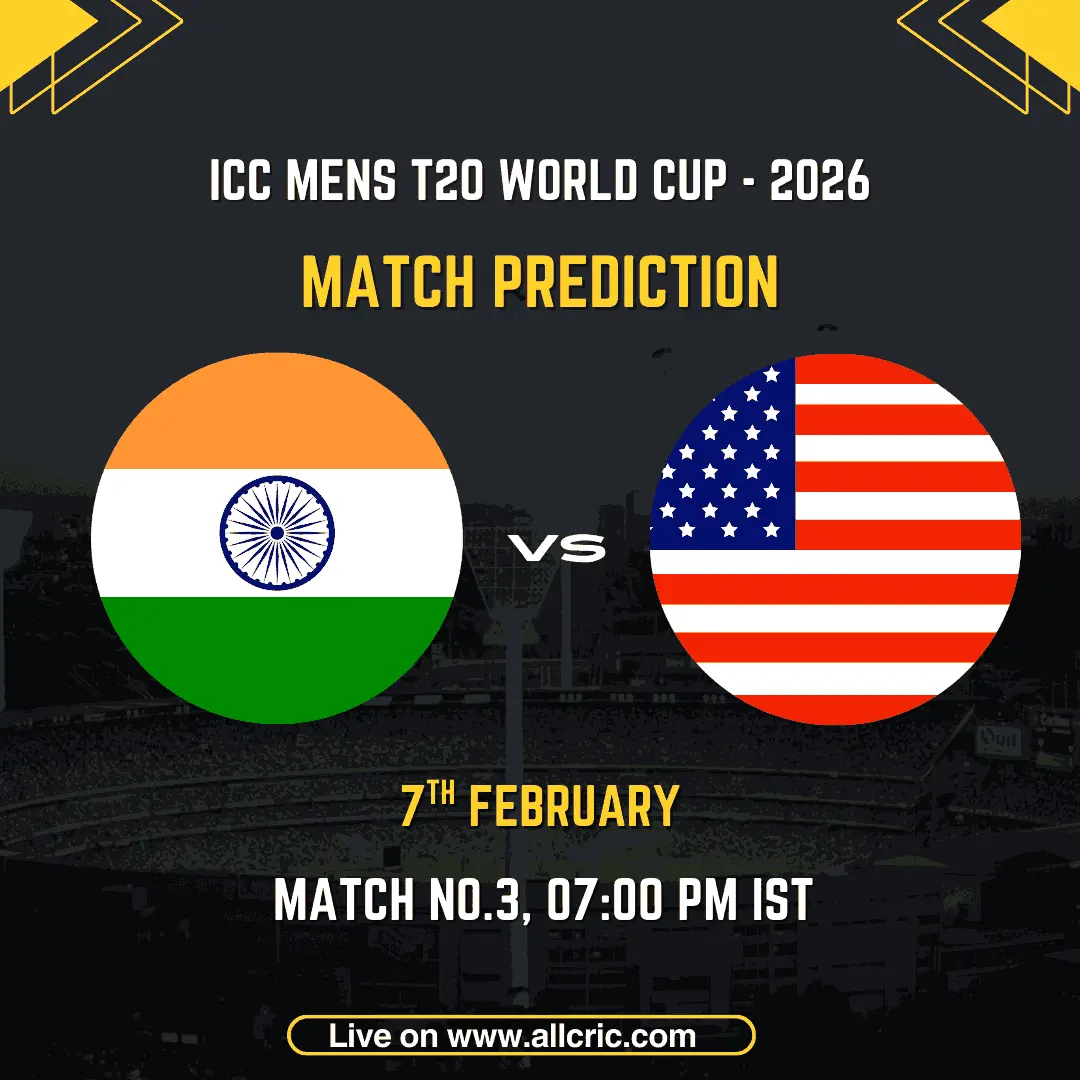 ndia vs United States of America ICC Men's T20 World Cup 2026 match prediction graphic featuring national flags, match details for February 7th 2026 at 7:00 PM IST at Wankhede Stadium Mumbai, with Dream11 team analysis and today's match prediction