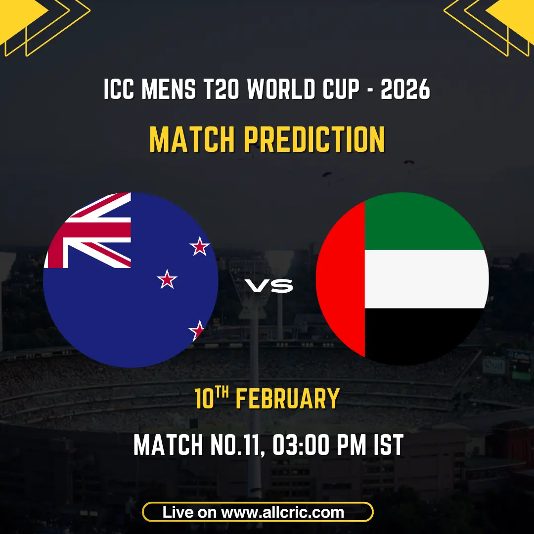 New Zealand vs United Arab Emirates ICC Men's T20 World Cup 2026 Group D Match 11 prediction graphic featuring national flags, match details for February 10th 2026 at 3:00 PM IST at MA Chidambaram Stadium Chennai, with Dream11 team analysis and today's match prediction
