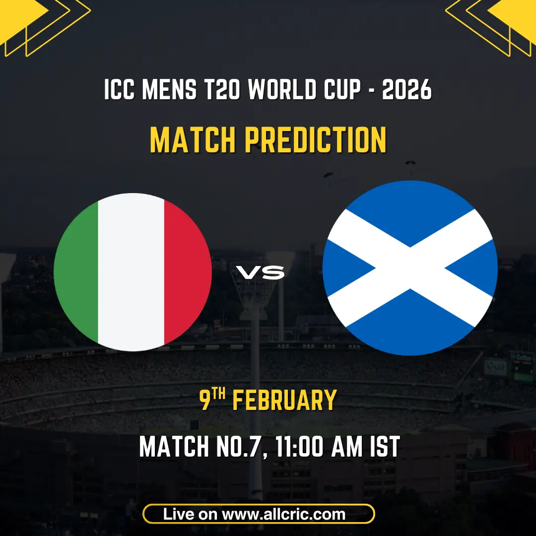 Italy vs Scotland ICC Men's T20 World Cup 2026 Group C Match 7 prediction graphic featuring national flags, match details for February 9th 2026 at 11:00 AM IST at Eden Gardens Kolkata, with Dream11 team analysis and today's match prediction