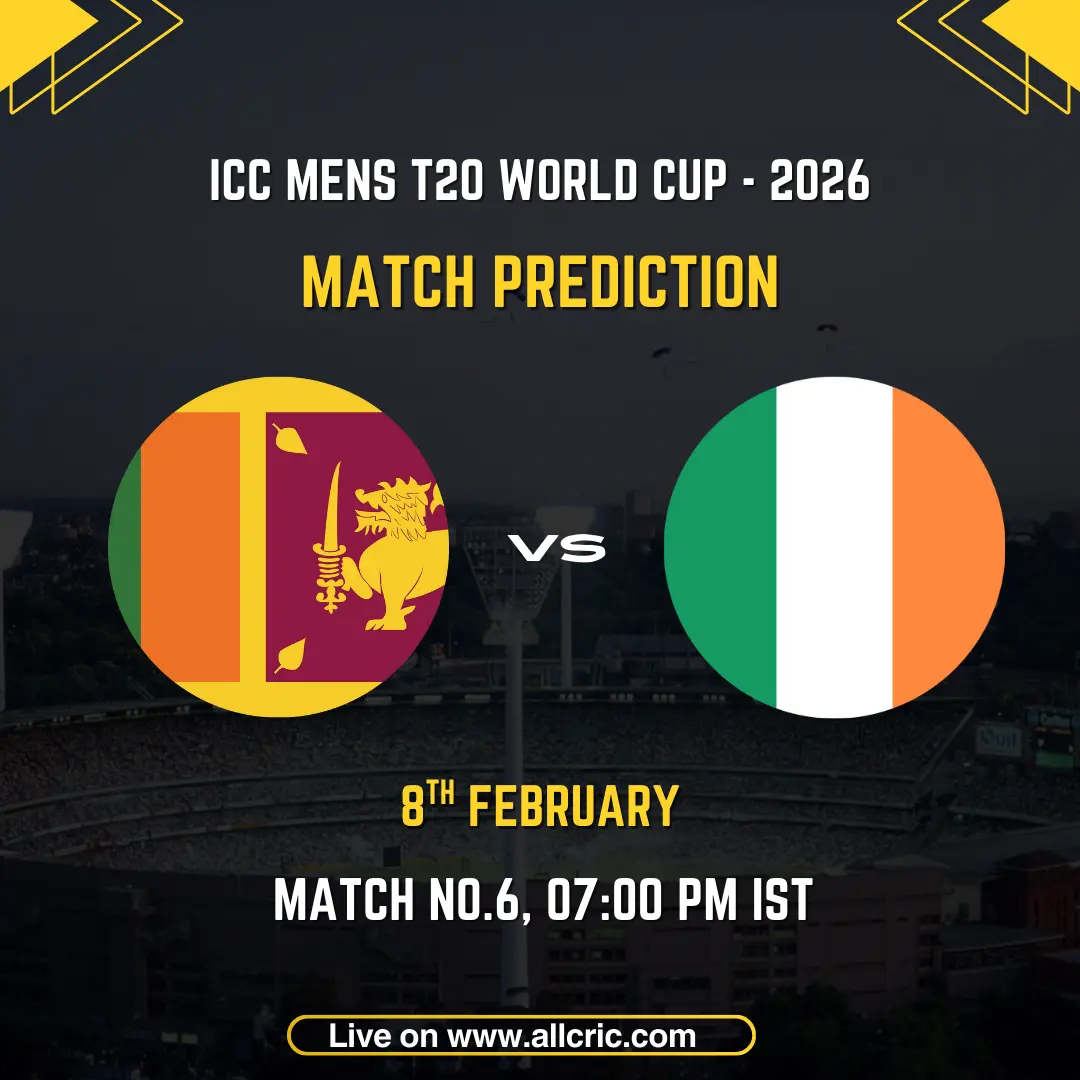Sri Lanka vs Ireland ICC Men's T20 World Cup 2026 Group B Match 6 prediction graphic featuring national flags, match details for February 8th 2026 at 7:00 PM IST at R. Premadasa International Cricket Stadium Colombo, with Dream11 team analysis and today's match prediction