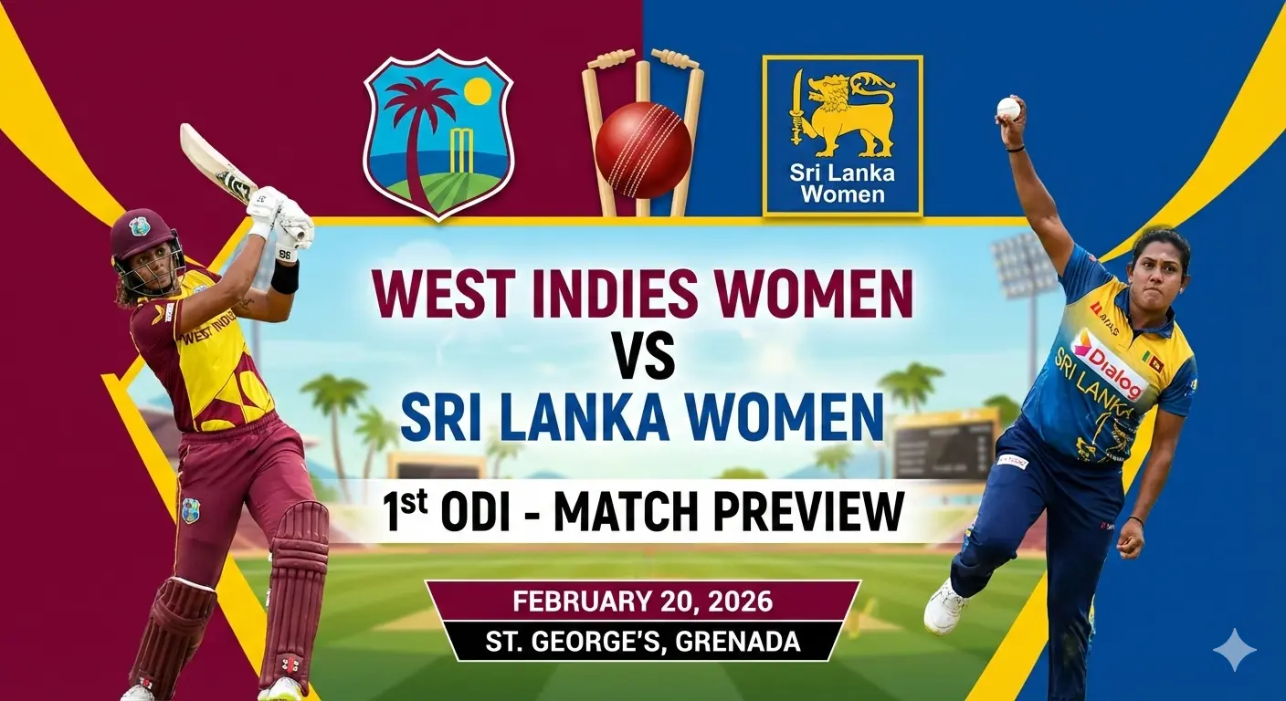 West Indies Women vs Sri Lanka Women 1st ODI match prediction graphic featuring team logos and players in action, match details for February 20th 2026 at 7:00 PM IST at National Cricket Stadium St. George's Grenada, with Dream11 team analysis and today's match prediction