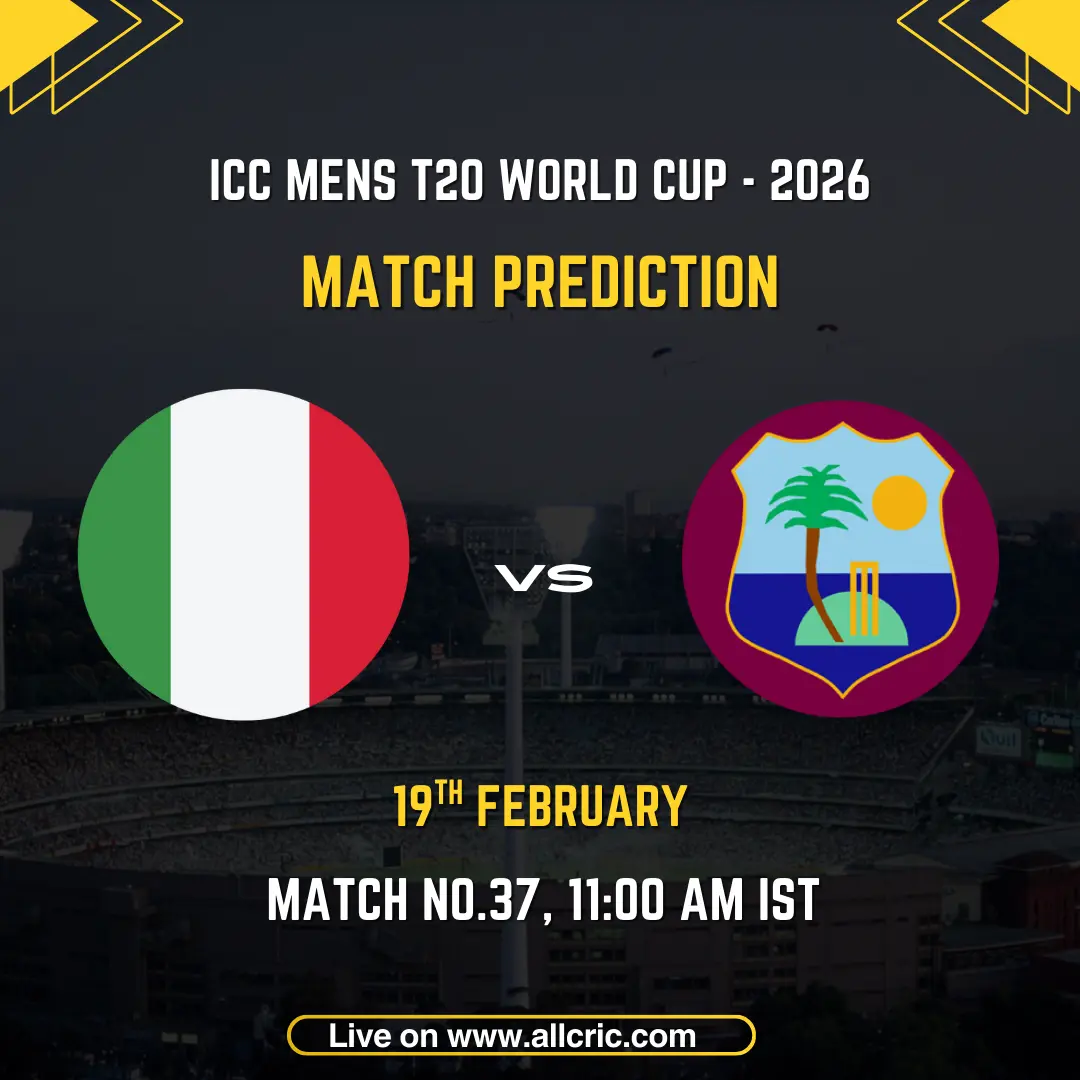 Italy vs West Indies ICC Men's T20 World Cup 2026 Group C Match 37 prediction graphic featuring national flags, match details for February 19th 2026 at 11:00 AM IST at Eden Gardens Kolkata, with Dream11 team analysis and today's match prediction